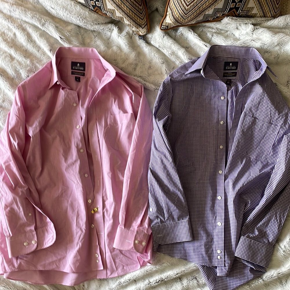 STAFFORD EXECUTIVE MENS PURPLE PINK CHECKERED BUTTON DOWN SHIRT B…